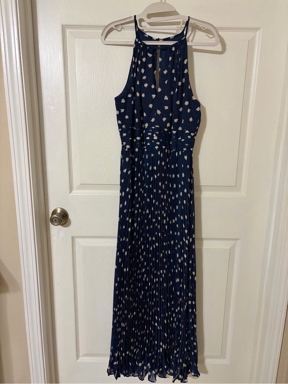 Adrianna Papell Navy Maxi Dress with Ivory Spot Accents